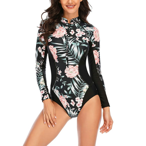 fogohill Womens One Piece Long Sleeve Rash Guard UV Protection Printed Surfing Swimsuit Bathing Suit 